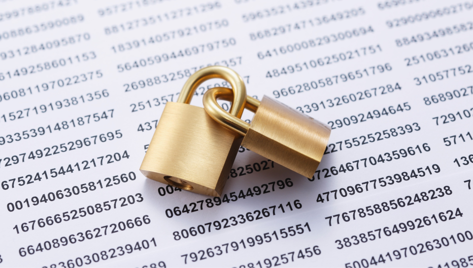 Lock and secure padlock on a background of encoded data, symbolising data security and confidentiality in legal services.
