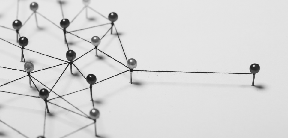 Intricate network of pins and thread representing legal connections or contracts.