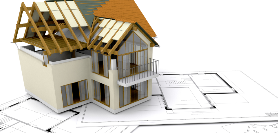 Modern house under construction with blueprint plans in the background, property law focus.
