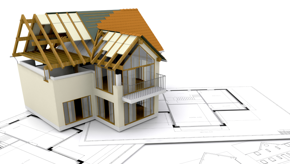 Modern house under construction with blueprint plans in the background, property law focus.