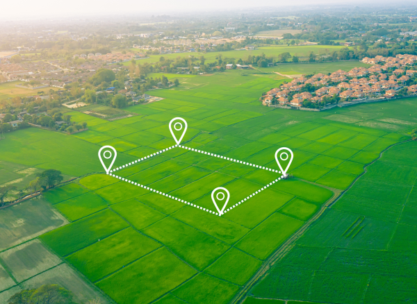 Aerial view of Queensland farmland with property markers and dotted boundary lines.