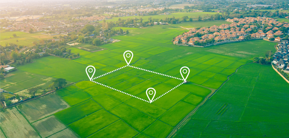 Aerial view of Queensland farmland with property markers and dotted boundary lines.