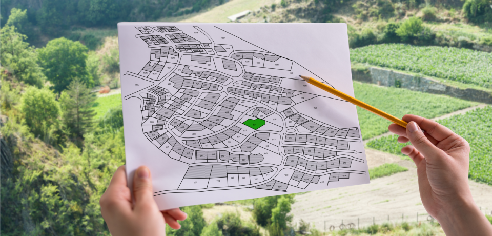 A detailed property subdivision map with highlighted lot in green, outdoor setting in background.