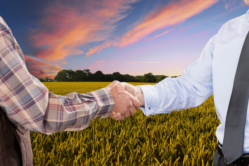 Farmers and legal professional shaking hands in a wheat field at sunset, representing property law and client partnerships in Toowoomba, Queensland.