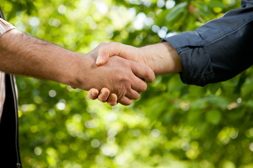 Close-up of two people shaking hands outdoors for legal collaboration or agreement.